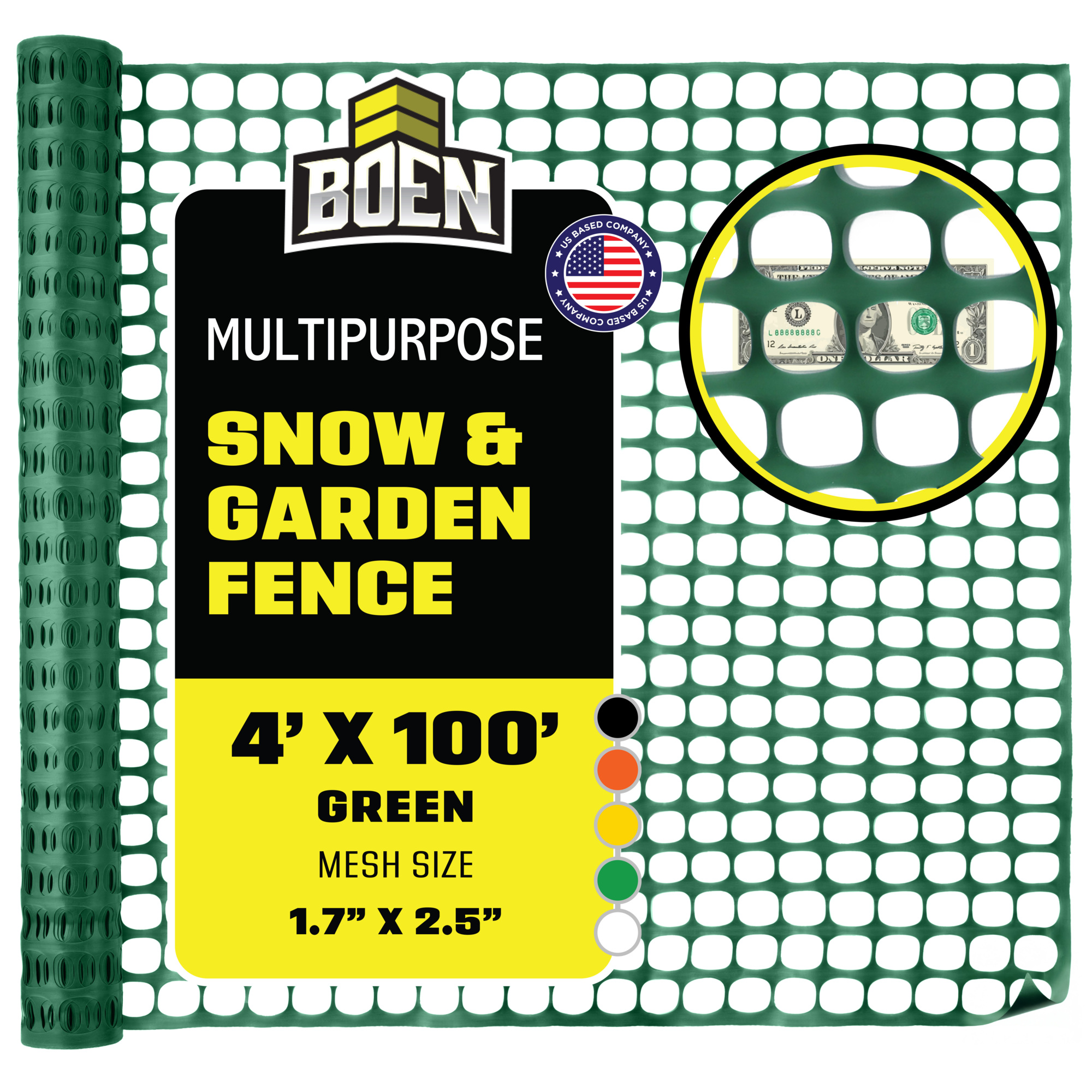 Boen Green Temporary Fencing 4 ft x 100 ft, Mesh Snow Fence, Plastic, Safety Garden Netting, Above Ground Barrier, for Deer, Kids, Swimming Pool, Silt, Lawn, Rabbits, Poultry, Dogs, Construction